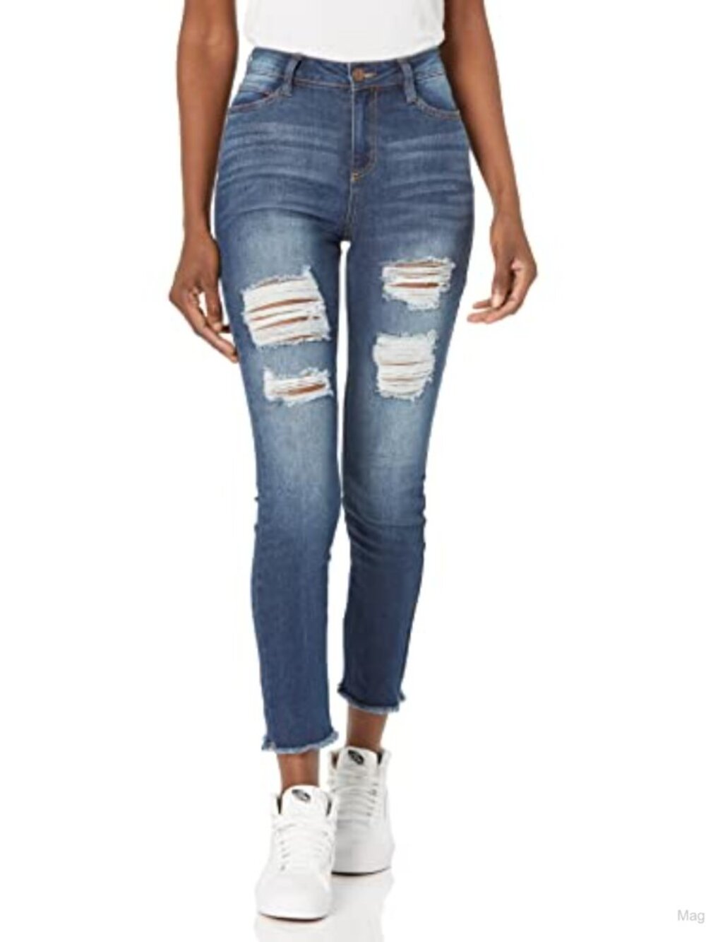 Skinny Jeans with Destruction Frayed Hem High Rise